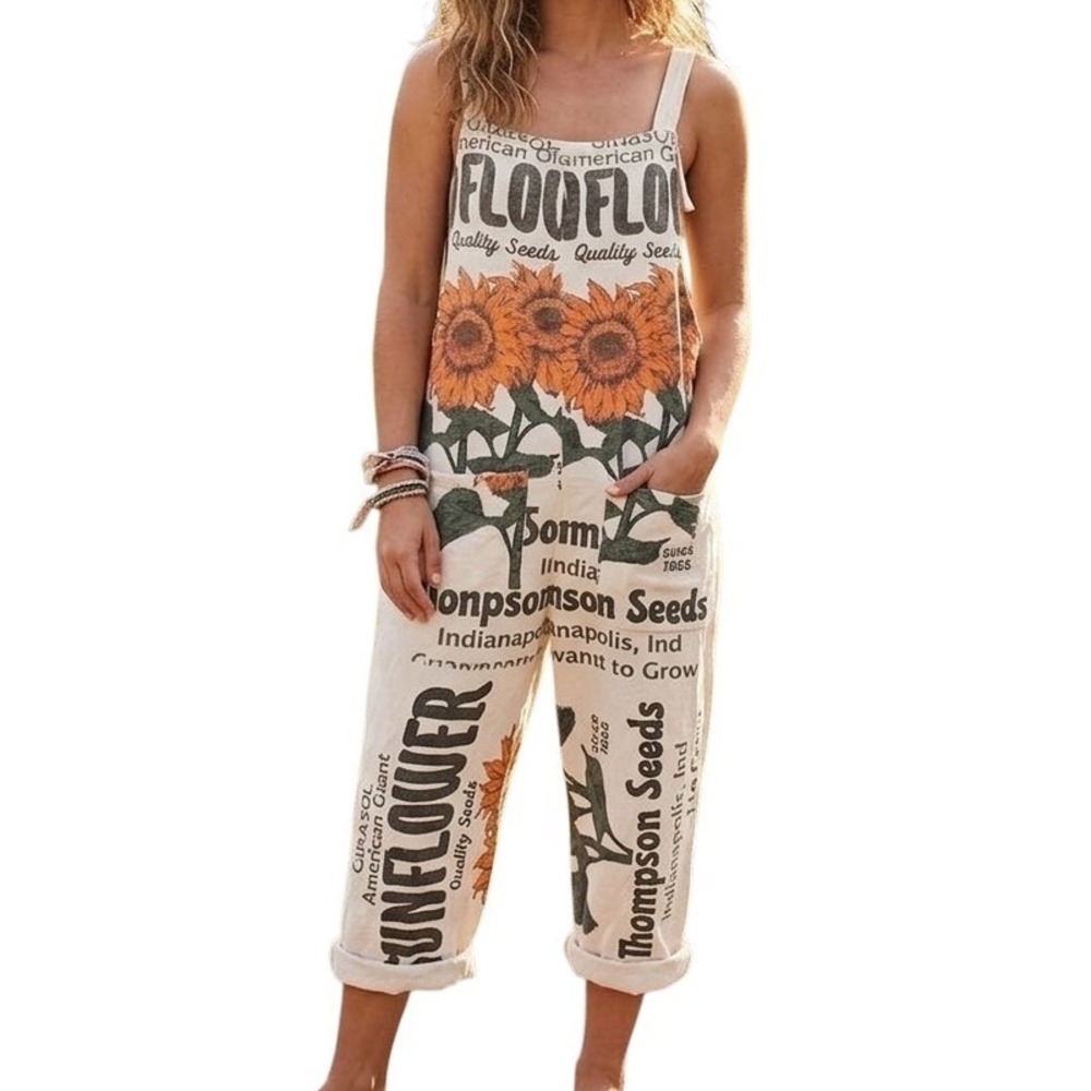 The Junk Vintage Sack Sunflower Seed Packet Print Wide Leg Overalls Jumpsuit OS